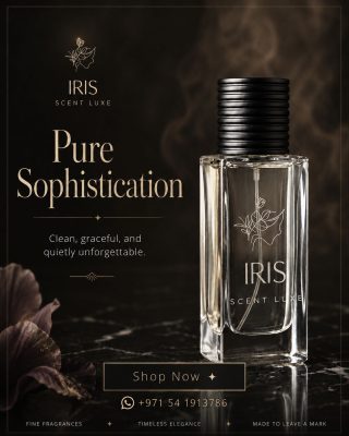 Iris by Scent Luxe perfume bottle on black marble with iris flowers, elegant dark gold luxury fragrance advertisement