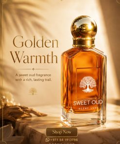 Scent Luxe Sweet Oud perfume bottle with gold spherical cap and amber liquid on a warm golden background