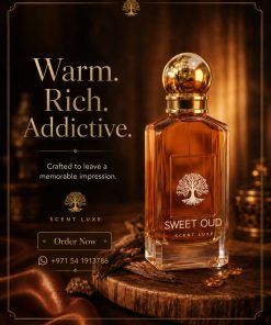 Scent Luxe Sweet Oud perfume bottle on a wooden disc with brown drapery and oud wood, warm rich lasting fragrance