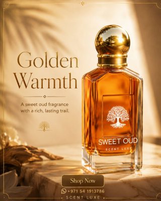 Scent Luxe Sweet Oud perfume bottle with gold spherical cap and amber liquid on a warm golden background