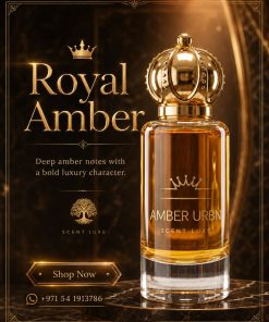 Scent Luxe Amber Urbn perfume with gold crown cap on dark marble, deep amber luxury fragrance