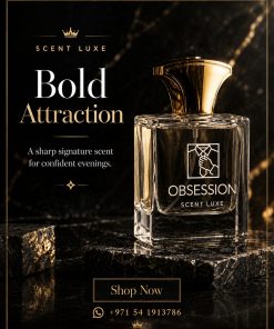 Obsession by Scent Luxe perfume bottle with gold cap on black marble surface bold luxury fragrance UAE