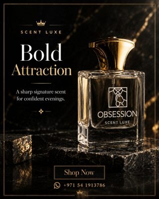 Obsession by Scent Luxe perfume bottle with gold cap on black marble surface bold luxury fragrance UAE