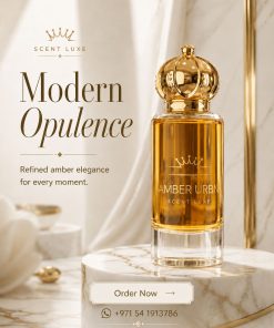 Amber Urbn by Scent Luxe perfume bottle with gold crown cap displayed on a marble podium against a soft ivory background