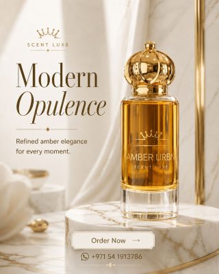 Amber Urbn by Scent Luxe perfume bottle with gold crown cap displayed on a marble podium against a soft ivory background