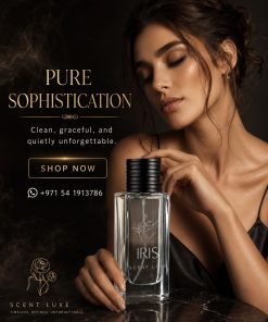 Iris by Scent Luxe perfume bottle on dark marble - clean, graceful, sophisticated woody fragrance